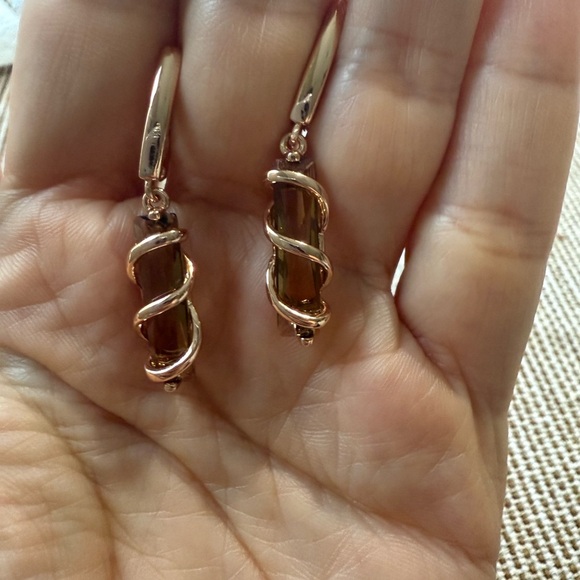 Light Brown Natural Zircon Drop Earrings for Women Unique Square 585 Rose Gold - Picture 4 of 4